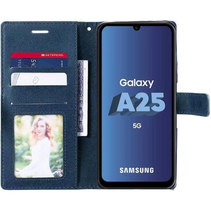 Coque de protection - BOOLING - pour Samsung Galaxy A25 5G - Cuir Synthétique - Bleu Marine - Avec Porte-Cartes