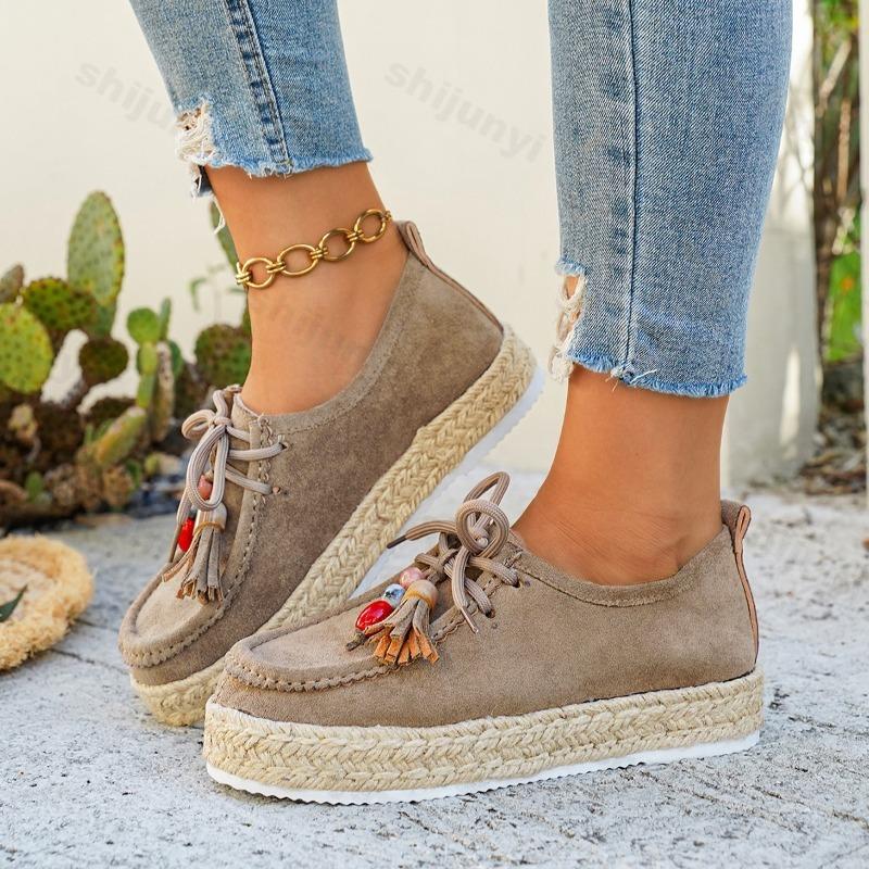 Women's Platform Casual Shoes Autumn Vintage String Bead Fashion Single Shoes Height Increase Outdoor Non Slip Vulcanized Shoes
