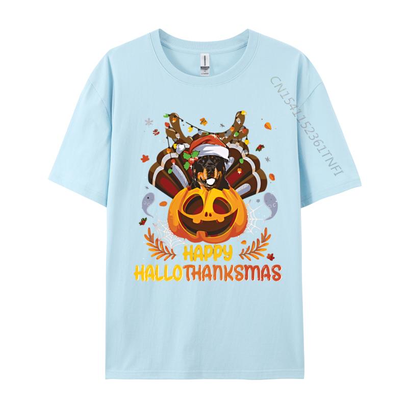 Rottweiler Happy Hallo Thanksmas Halloween Tshirt Vintage Cheerful Cotton Tshirts Blue And White Graphic T Shirts