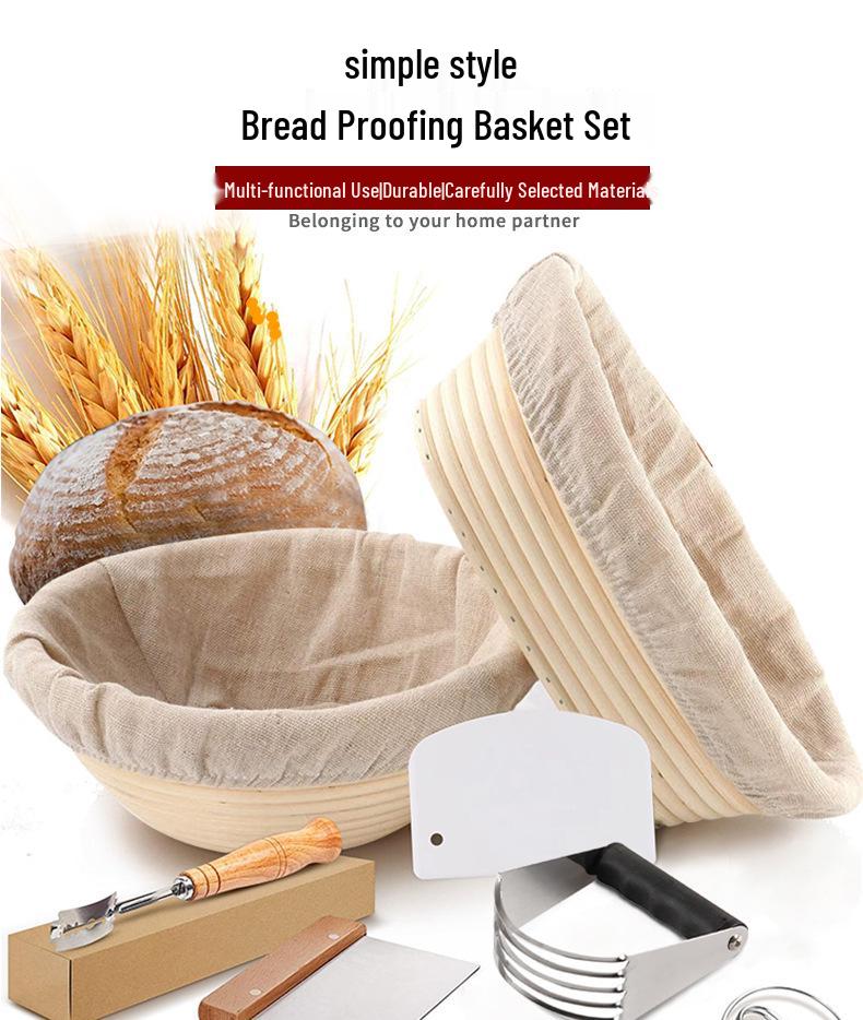 Fermentation Basket Set: Rattan Bread Basket, Scraper, Mixer & Oval Baking Tool. European Style for Artisan Bread.