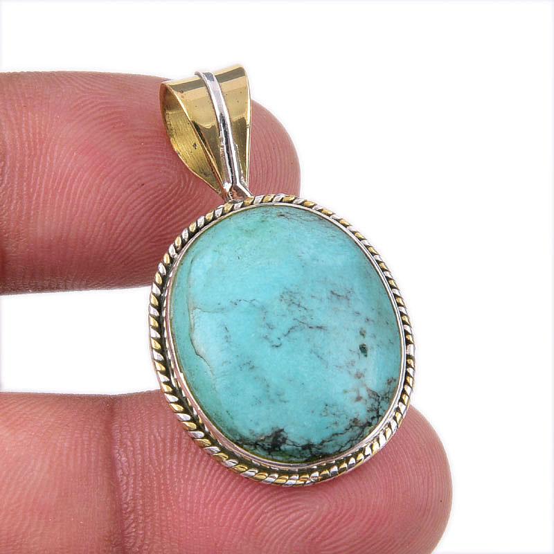 

Natural Tibetan Turquoise Gemstone 925 Solid Silver Two Tone Pendant 1.25 P3n56