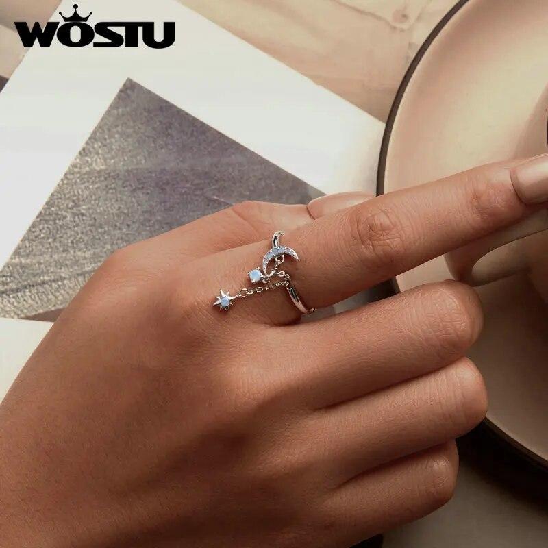 WOSTU 925 Sterling Silver Star and Moon Link Ring With Nano Opal For Women's Engagement & Proposal Parties Fine Jewelry Gifts