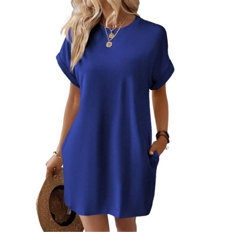 Summer Casual Women Dress Loose Round Neck Short Sleeve Pocket Breathable Solid Color Spring Fashion New
