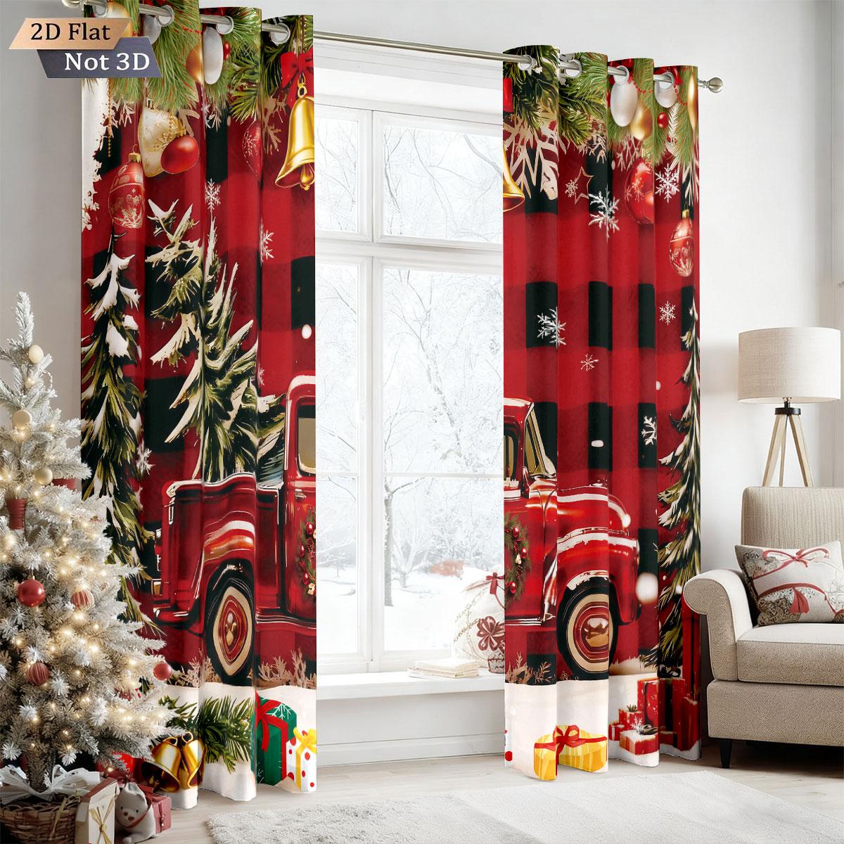 

Merry Christmas Truck Print Perforated Curtains Living Room Bedroom Insulation Holiday Decoration Darkening Set Of 2 Made Polyester Machine Washable W100*H70(CM)-Grommet top&1PCS
