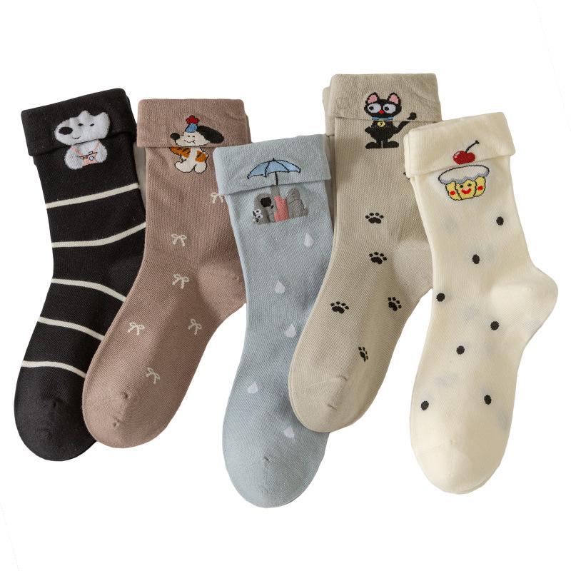 Women's 3D Cartoon Animal Polka Dot Mid-Calf Socks, Korean Sporty Academy Style