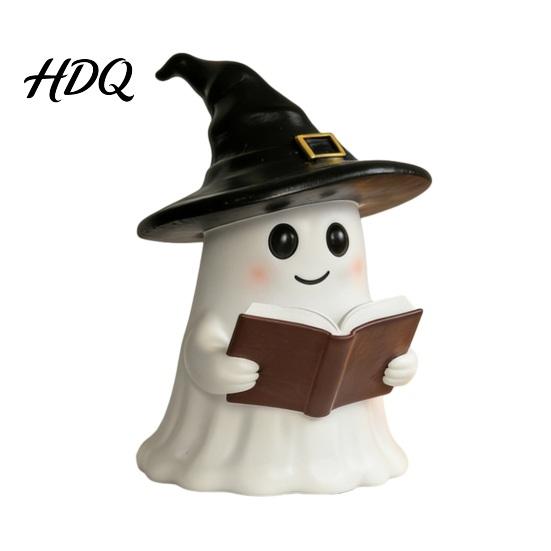 Bedside Atmosphere Light Halloween Ghost Figurine with LED Light Resin Witch Hat Statue Niche Aesthetic Ornament Guitar/Book Cute Luminous Sculpture