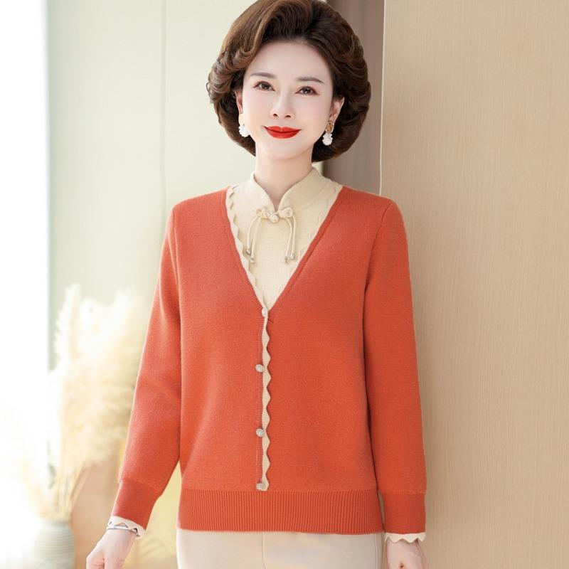 Mom's autumn and winter vacation two-piece knitted bottoming shirt medium old girl cheongsam collar plush thickened sweater