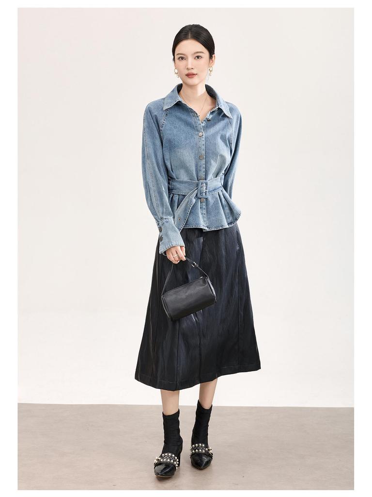 High-Quality Nanyou Retro Bleached Lace-Up Denim Shirt - Early Spring Long-Sleeved Top