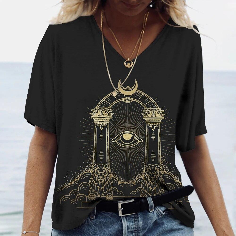 2023 Women's V-neck T-shirt Street Ancient Egyptian Ethnic Costume Print Women's Top Short Sleeve Casual Fashion Women Clothing