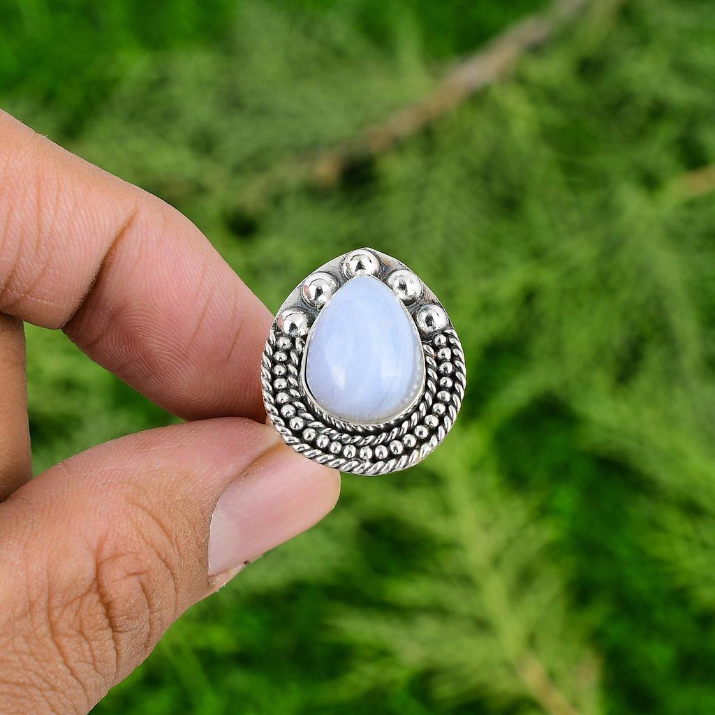 925 Silver Blue Lace Agate Stone Wedding Promise Anniversary New Ring Jewelry
