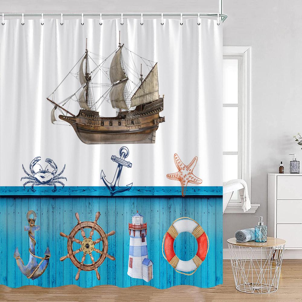 Nautical Cartoon Shower Curtain Lighthouse Sailboat Compass Adventure Treasure Map Bathroom Decor Kids Polyester Bath Curtain