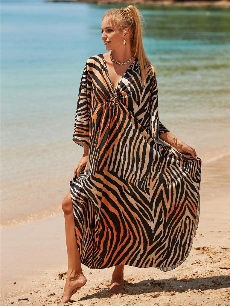 Women's Plus Size Animal Print V-Neck Batwing Kaftan Beach Dress Bathing Suit Cover-Up Loungewear