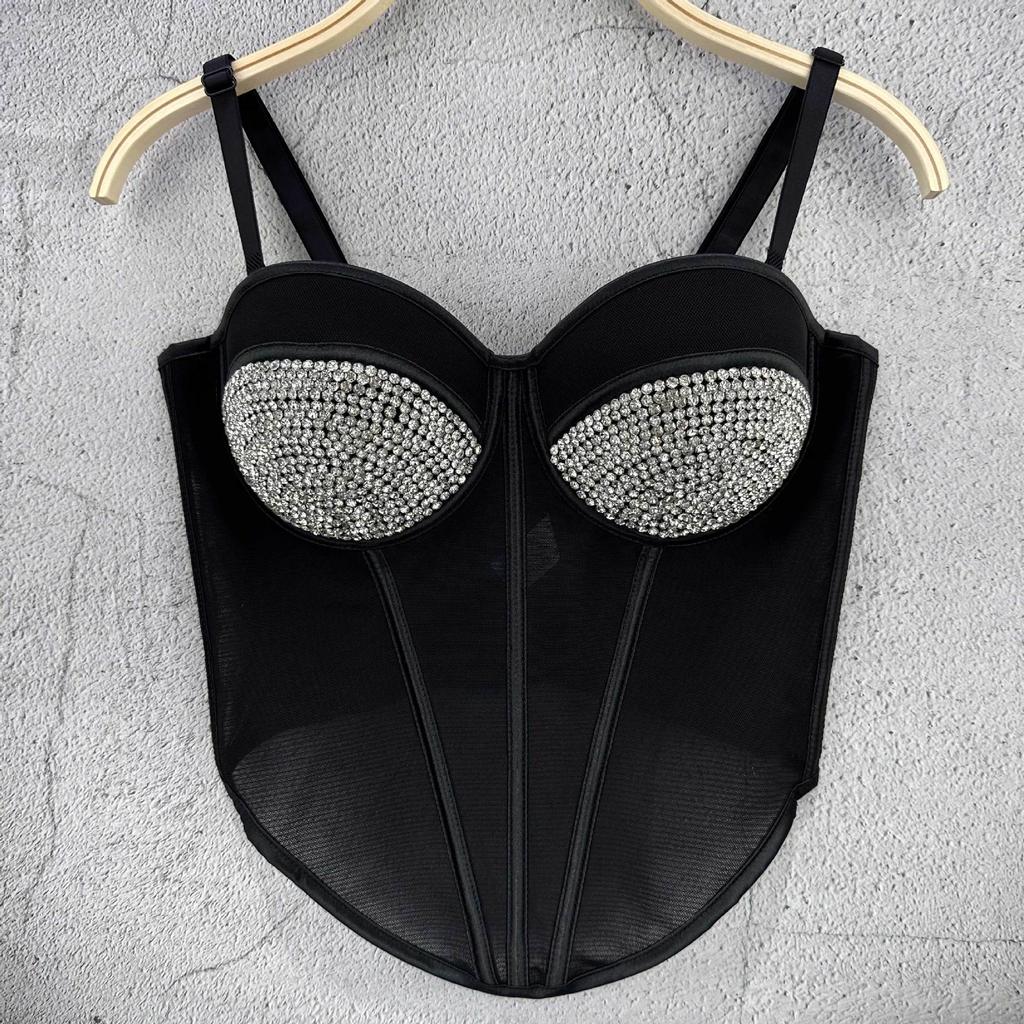 Heavy-duty Crystal Bead Mesh Tank Top Women's Inner Layer Design-oriented Short-sleeve Sexy Fishbone Outerwear Strapless Top Camis & Tank Tops