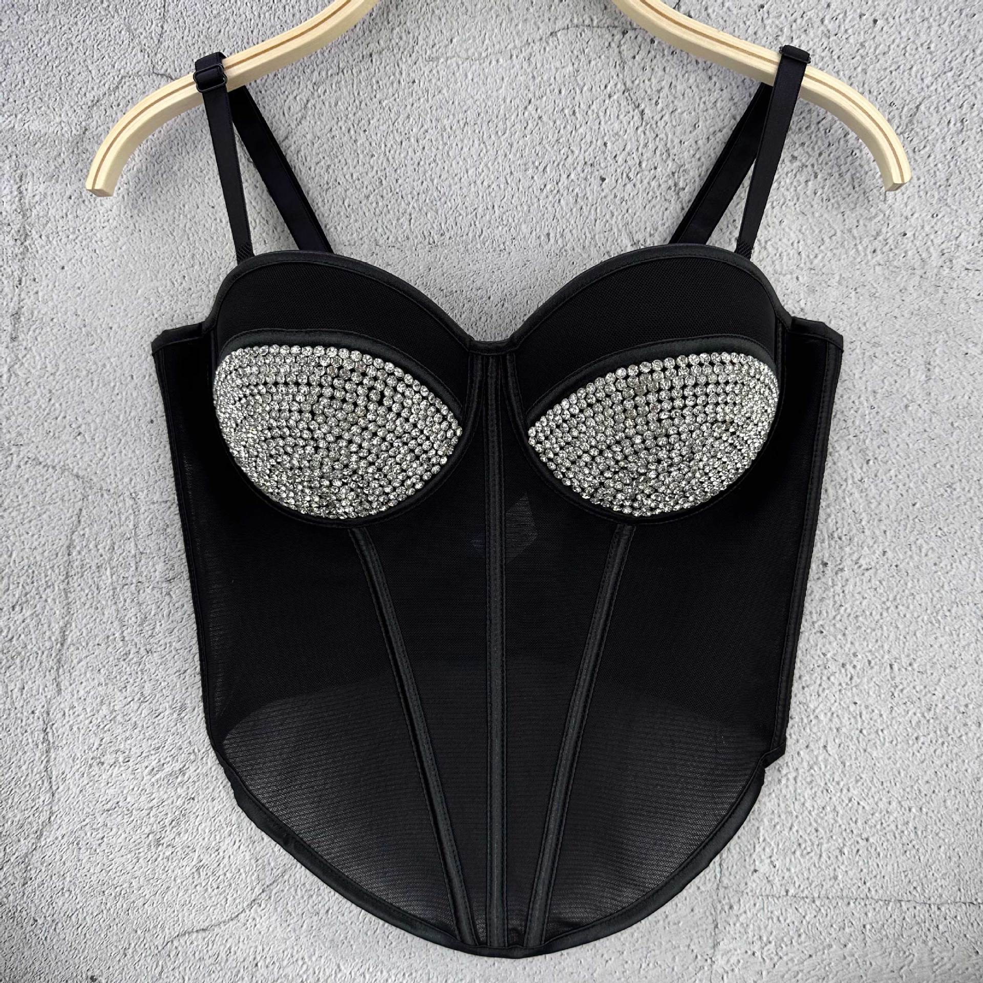 

Тяжелый сетчатый топ-майка с кристальными бусинами, женский внутренний слой, ориентированный на дизайн, с коротким рукавом, сексуальный топ-корсет, верх без бретелей, майки и топы 40/90 чёрный