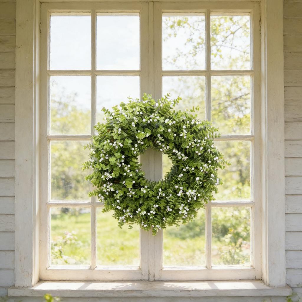 60cm Eucalyptus and Baby's Breath Artificial Greenery Wreath for Door Wall Decoration Home and Office Hanging Ornament