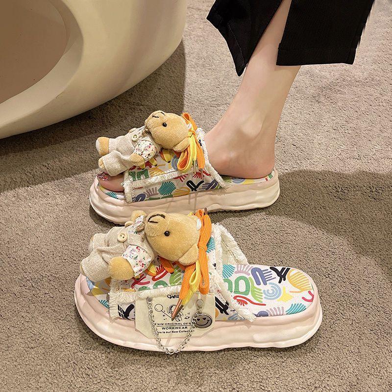 Fashion Women Sandals Cute Bear Platform Slippers Women Wear Seaside Beach Shoes New Summer Canvas Half-drag Women Shoes Sandalias Mujer