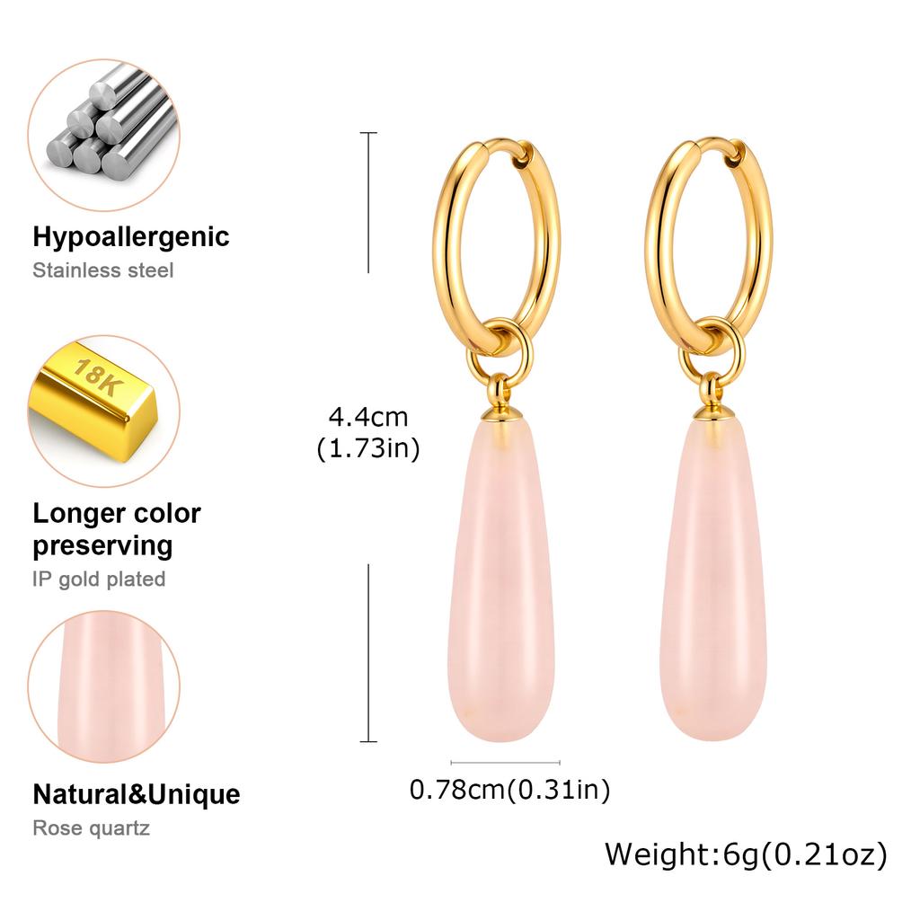 Natural Stone Drop Earrings 18k Gold Plated Stainless Steel Teardrop Amethyst Tiger Eye Rose Quartz Jewelry Nickel-Free
