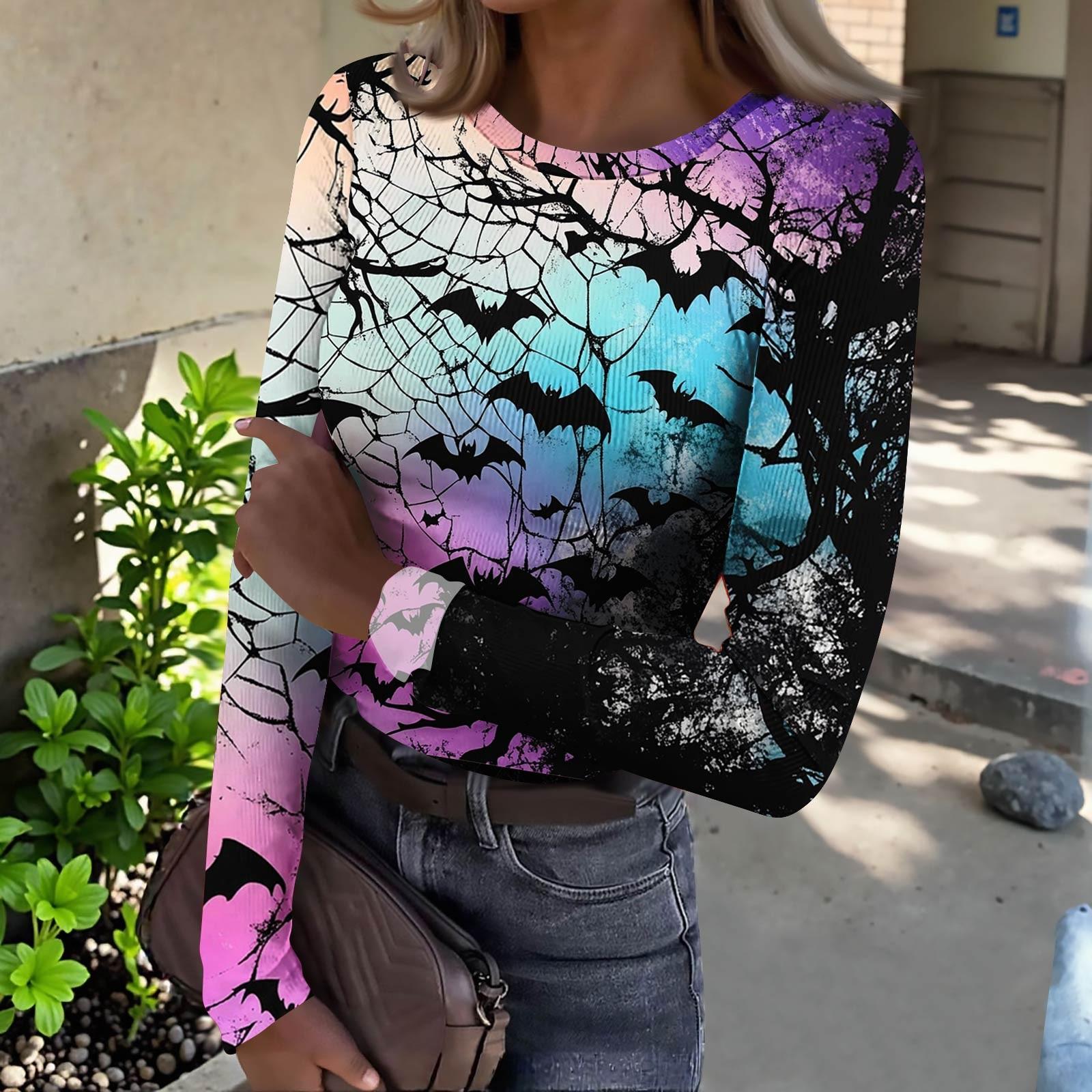 

Women s Slim Bottom T-shirt Fashion Casual Gradient Printing Round Neck Pullover Long Sleeve Top L синій