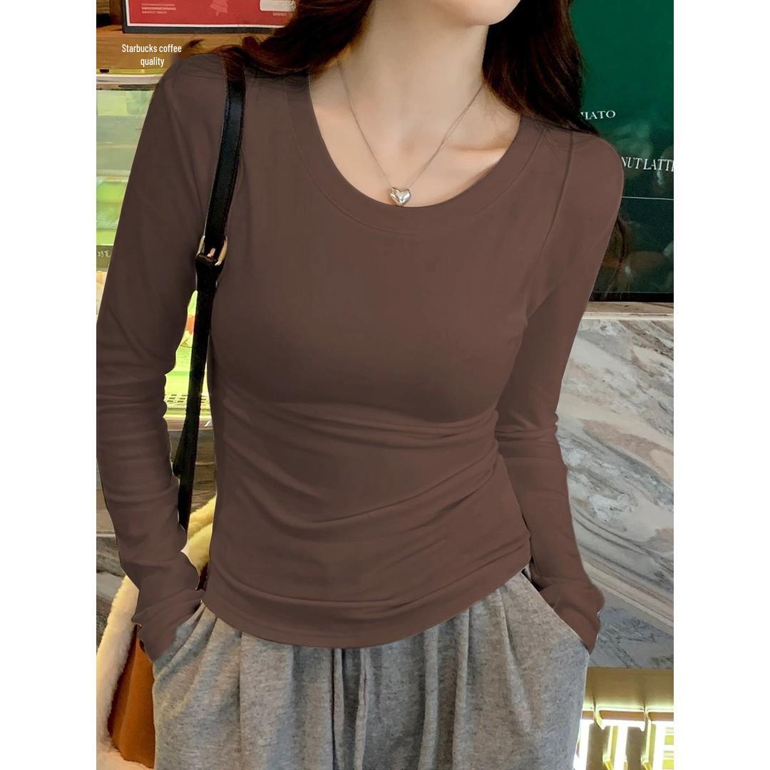 

95% Cotton Plus Size Slim Fit Round Neck Long Sleeve Base Layer Top for Women, Spring/Autumn 2025 M (95-105 kg) темно-коричневого