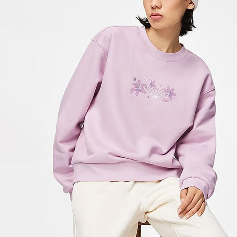 Li Ning Sports Lifestyle Series Letter Print Fleece Warm Loose Pullover Sweatshirt Women Sweatshirt Lotus-Pink Purple AWDT816-5