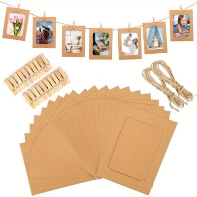 20 Álbuns de Fotos, 20 Clipes e 2 Rolos de Cordão de Juta Conjunto de Molduras de Papel, Banner Exibidor de Fotos para Pendurar, Adequado para Decorações de Casa, Casamento e Festa