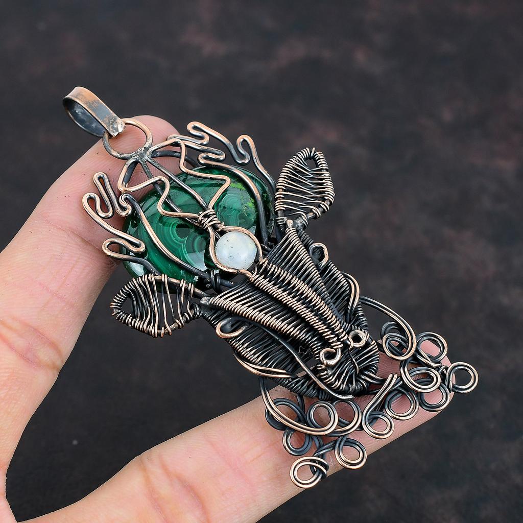 Malachite Pendant Copper Wire Wrapped Pendant Rainbow Moonstone Pendant Handmade Jewelry Deer Face Pendant Gemstone Pendant Gifts For Friend