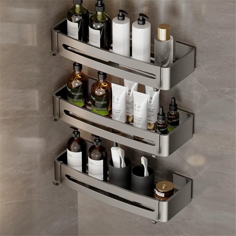 Bathroom Storage Holder Bath Shelf Bath Shower Shelf Aluminum SquareBathroom Corner Shelf Gray Aluminum Kitchen Storage Holder