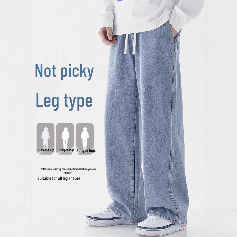 Męskie Jeansy Plus Size Jasnoniebieskie z Elastycznym Pasem - Luźne, Szerokie Nogawki, Sznurek, Długie do Ziemi, Codzienne i Wszechstronne.