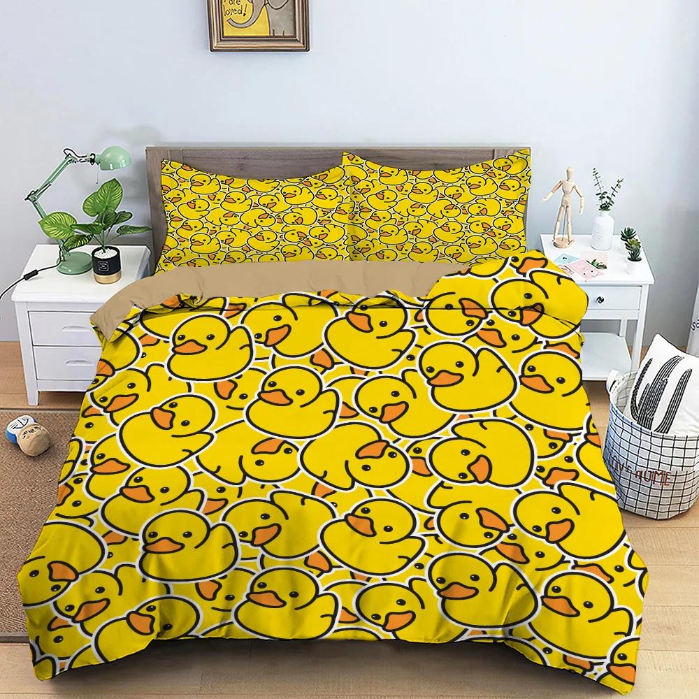 Carton Yelow Duck King Quen Soft Duvet Cover Farm Lovely Animal Beding Set Blue Buble Comfortable Quilt Cover Soft Polyester Warm Comforter Cover