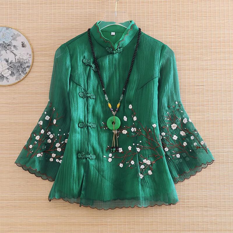 Chinese Style Embroidered Blouse Modified Stand Collar Bat Sleeve Loose Top Vintage Temperament Women's Clothing