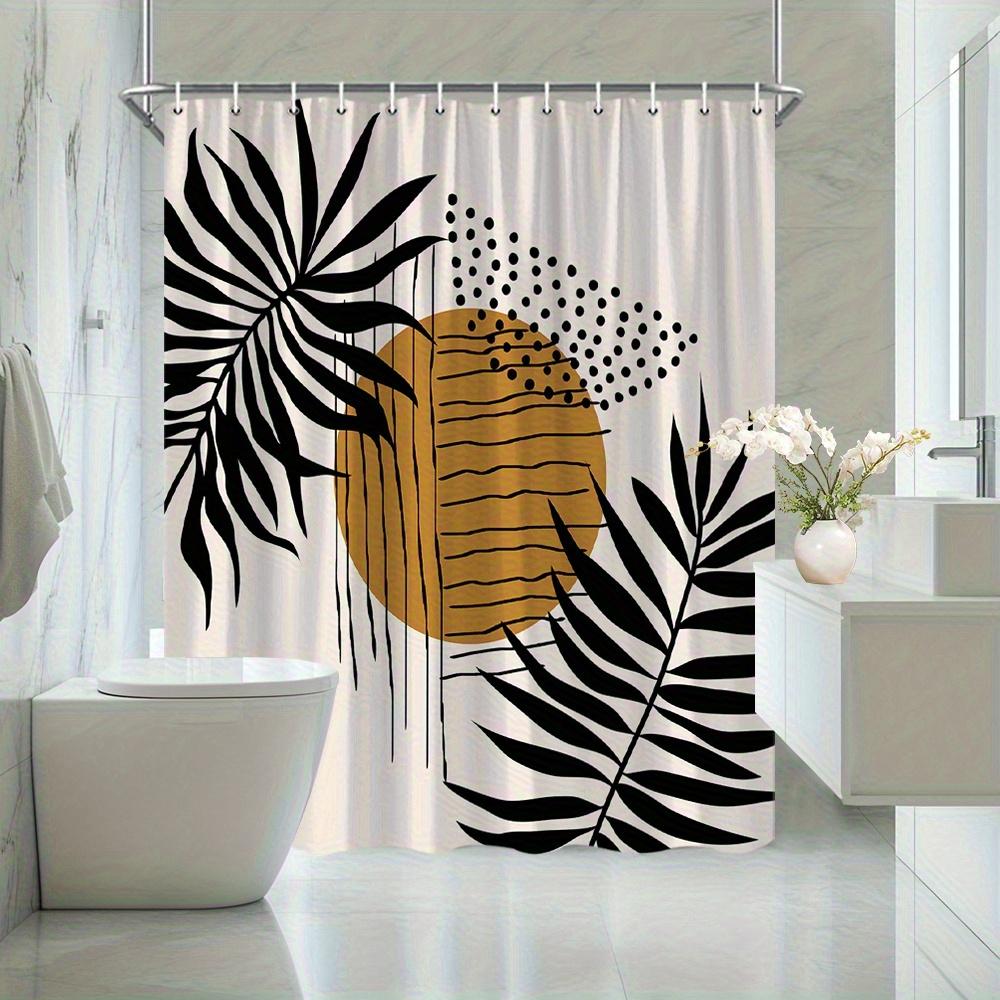 1 Modern Bathroom Shower Curtain - Large Palm Leaf and Sun Dot Pattern on Light Beige Background with Black Lines - Machine Wash