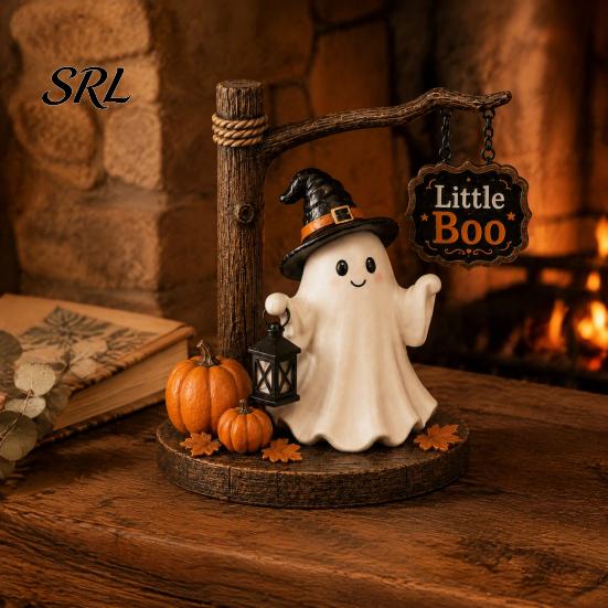 Seasonal Home Landscaping Cute Ghost Figurine with Witch Hat, Resin Halloween Tabletop Decor, Little Retro Spooky Shelf Accents Boo Statue for