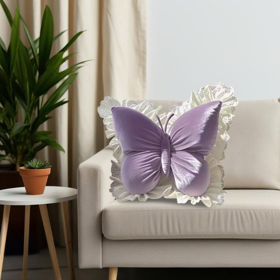 Butterfly Throw Pillow Plush Butterfly Pillow with Lace Ruffle Decorative Bedroom Cushion for Living Room Sofa Couch Bed Car