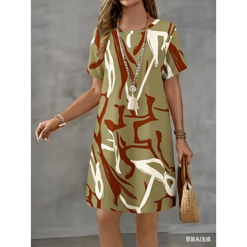 Artistic stripe print dress - Summer women's casual short-sleeved mini skirt