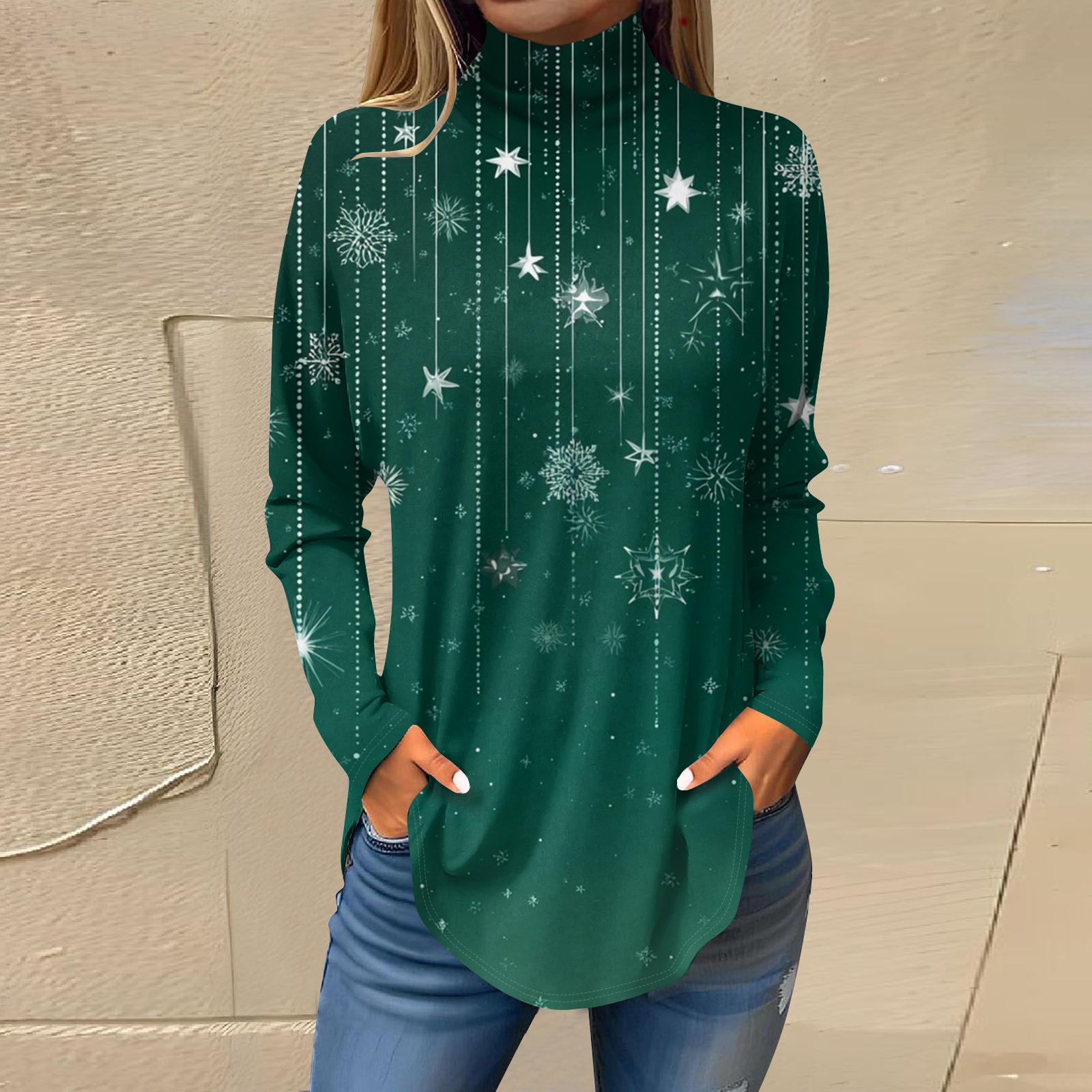 

Women s Fashionable Loose-Fit High-Neck T-Shirt With Christmas Print Long-Sleeved Top S