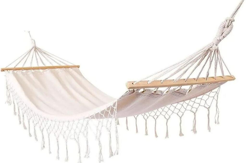 Boho macrame garden hammock with spreader bar and headband for one person, beige cover
