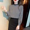 Korean Zigzag Striped Shirt Spring Autumn Commute Stand Collar Gauze Spliced Female Clothing Fashion Hollow Out Straight Blouse