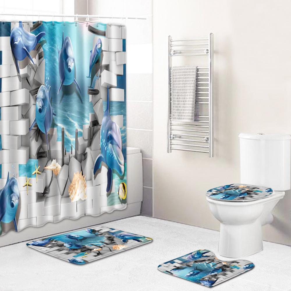 Fashion Sea World Dolphin Shower Curtain Set Bathroom Non-Slip Bath Mat Toilet Lid Cover Polyester Waterproof