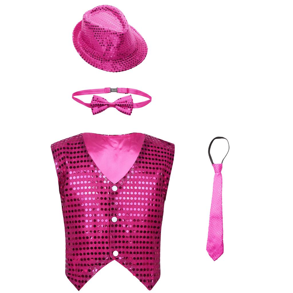 Unisex Kids Shiny Sequin Vest Waistcoat Performance Set Hat Bowtie Necktie Jazz Dance Stage Costume