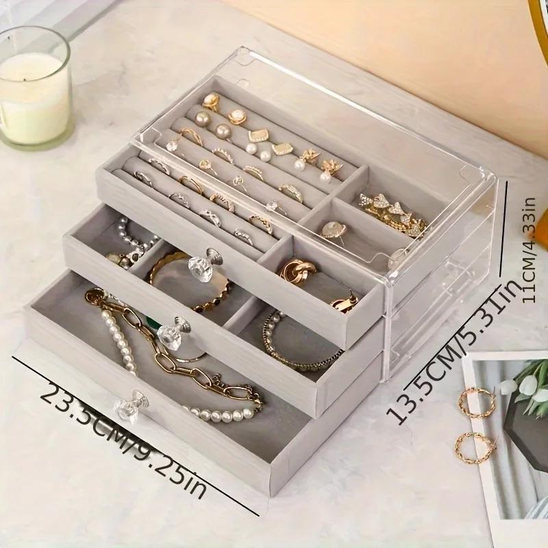 3-Tier Dust-Proof Acrylic Jewelry Organizer Box, Elegant Modern Rectangular Tabletop Display Case Jewelry Boxes and Packaging