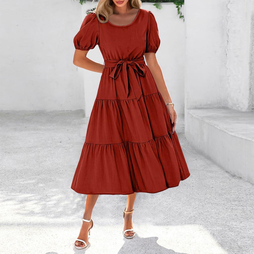 Women's Summer Solid Color Short Sleeve Round Neck Waistband Bohemian Flowy Layered Maxi Dress With Pockets