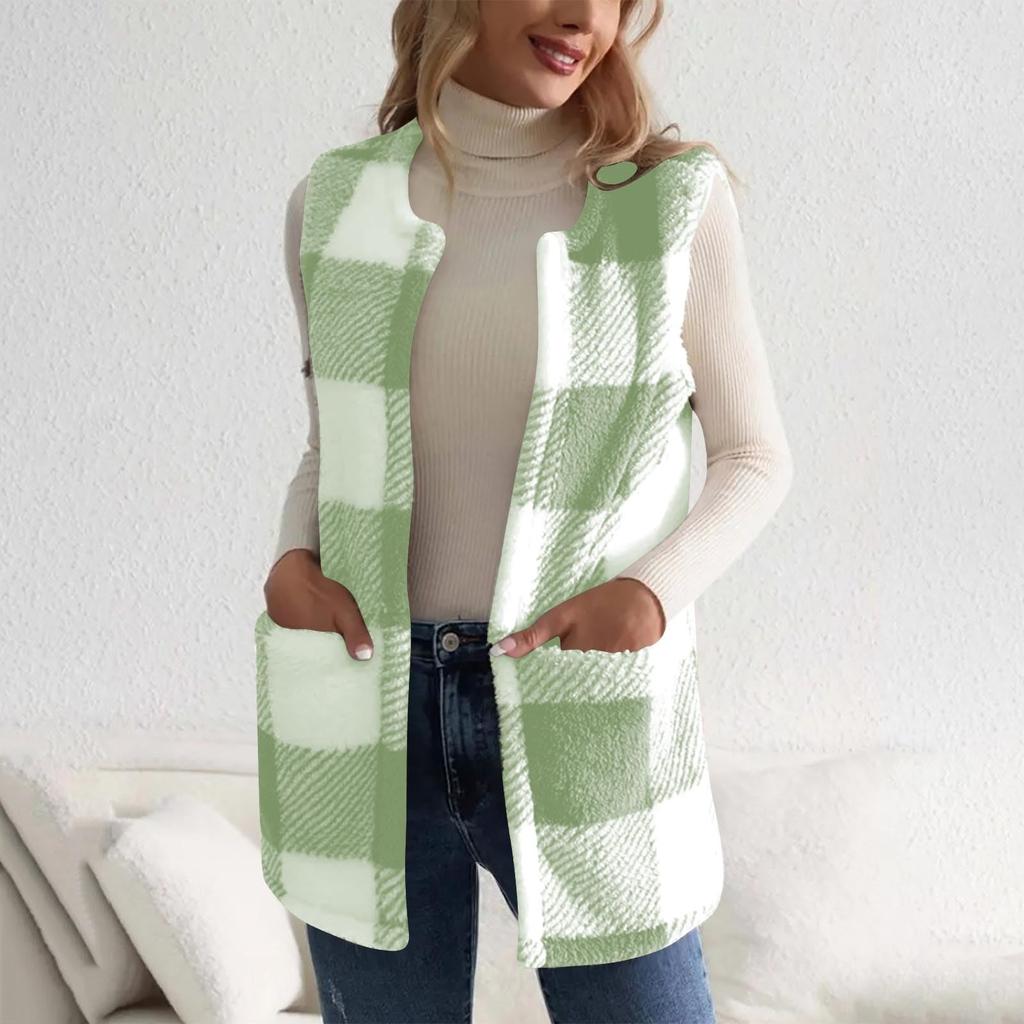 Plaid Fleece Vest For Women  Fall Winter Fuzzy Thermal Warm Sleeveless Jacket Trendy Outwear