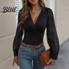Casual Women Shirt Tops V-Neck See-Through Lantern Long Sleeves Tee Solid Color V-neck Top Slim Fit Pullover Daily Wear Blouse