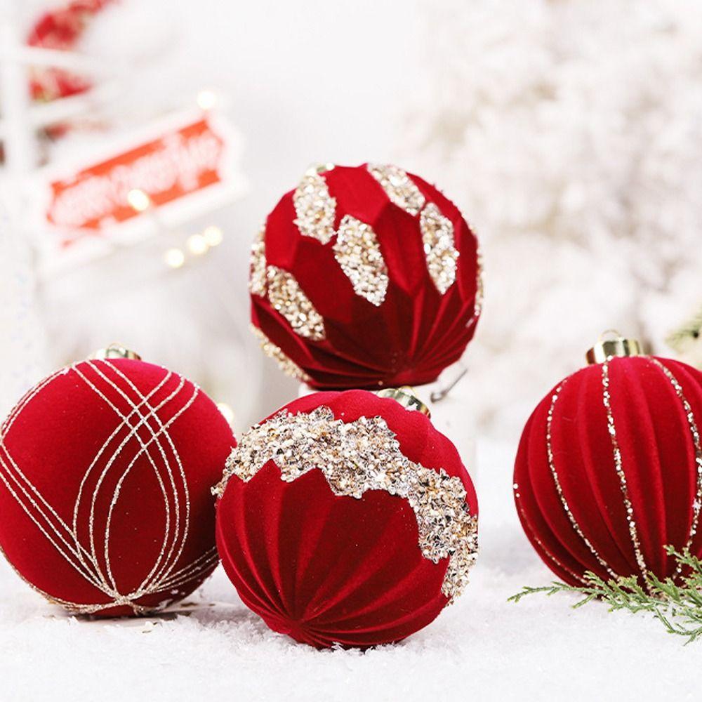 4pcs 10cm Flocking Christmas Balls Set Red Green Christmas Tree Ornaments Merry Christmas Decor