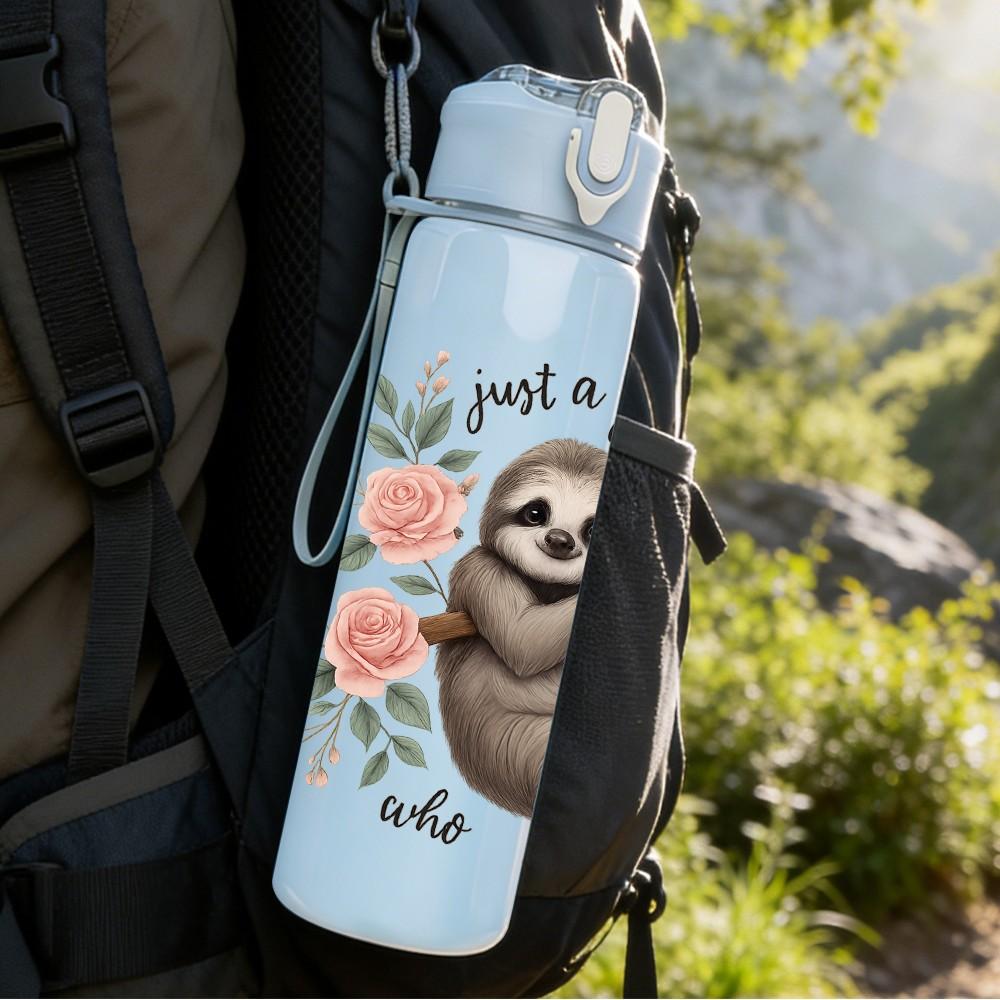 1PC Sloth Holding Flower Print 750ml Color Plastic Sports Water Bottle Leakproof Flip Straw Lid Suitable for Sports Office Home Use