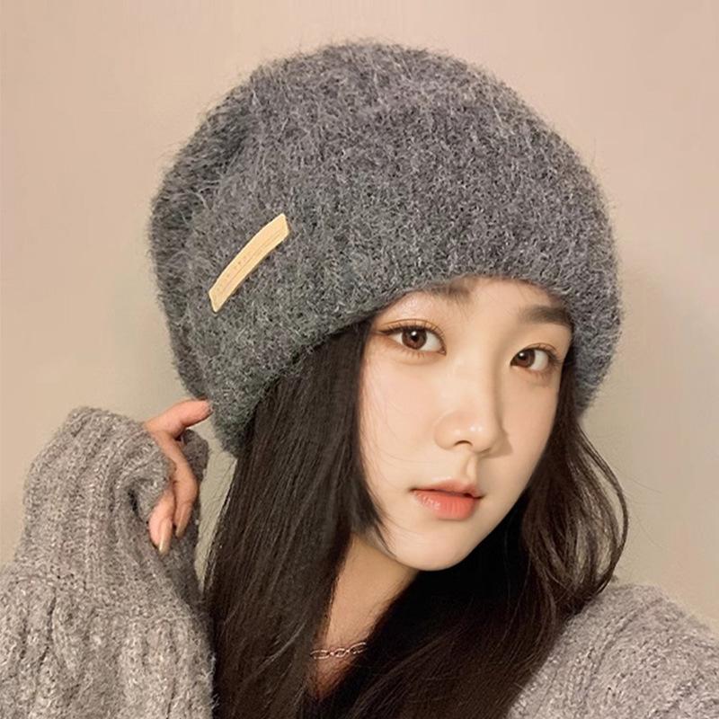 Big Head Hat with Loose Warm Wool Knitted Wool Hat Showing Face Small Ear Protection Big Brim Cold Hat Pile