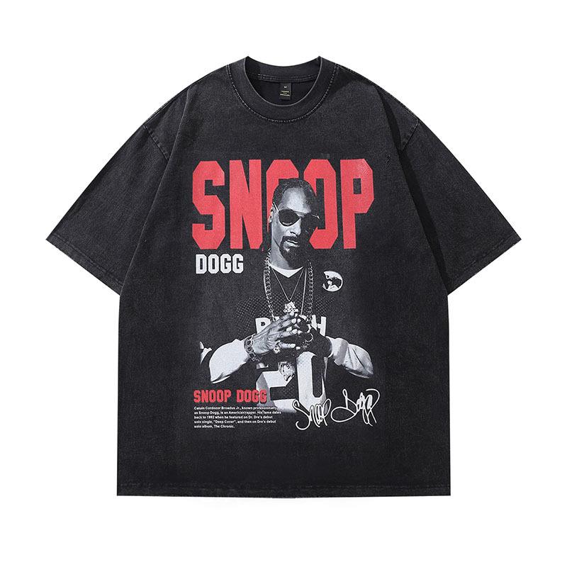 American Retro Trendy Brand Hip-Hop Portrait Print Washed Old Short-Sleeved T-Shirt Men'S And Women'S Vintage Half-Sleeved Top
