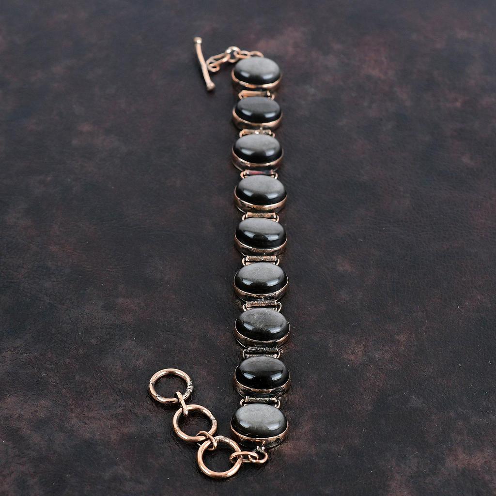 Silver Sheen Obsidian Bracelet Copper Gemstone Bracelet Adjustable Chain Bracelet Silver Sheen Obsidian Handmade Jewelry Anniversary Gifts
