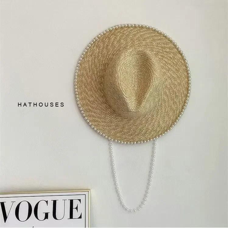 

Wheat Straw Sun Hat For Women Summer Pearl Wide Brim Floppy Panama Fishermen Hats Female Lady Outdoor Foldable Beach Sun Caps M(56-58CM)