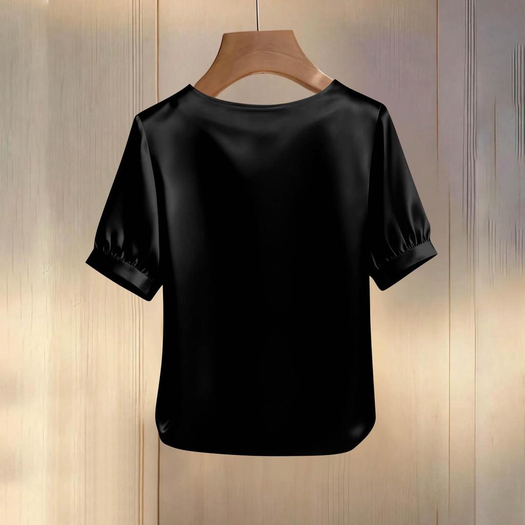 Camicetta da Donna in Raso con Perle, Collo Rotondo Setoso, Maniche Corte, Vestibilità Ampia, Camicia Casual Formale.
